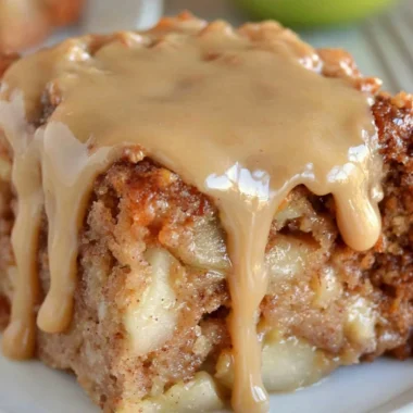 Deliciously moist Apple Dapple Cake with apples and pecans topped with caramel