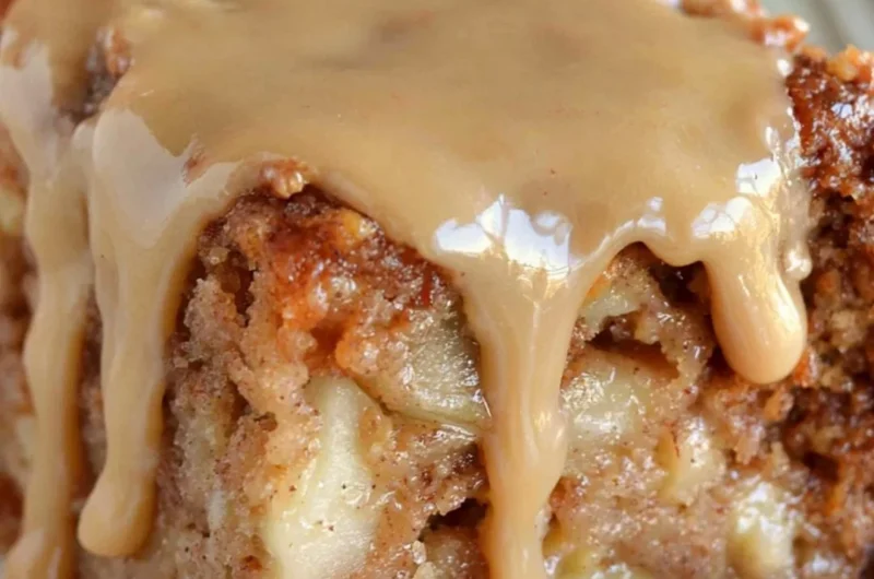 Deliciously moist Apple Dapple Cake with apples and pecans topped with caramel