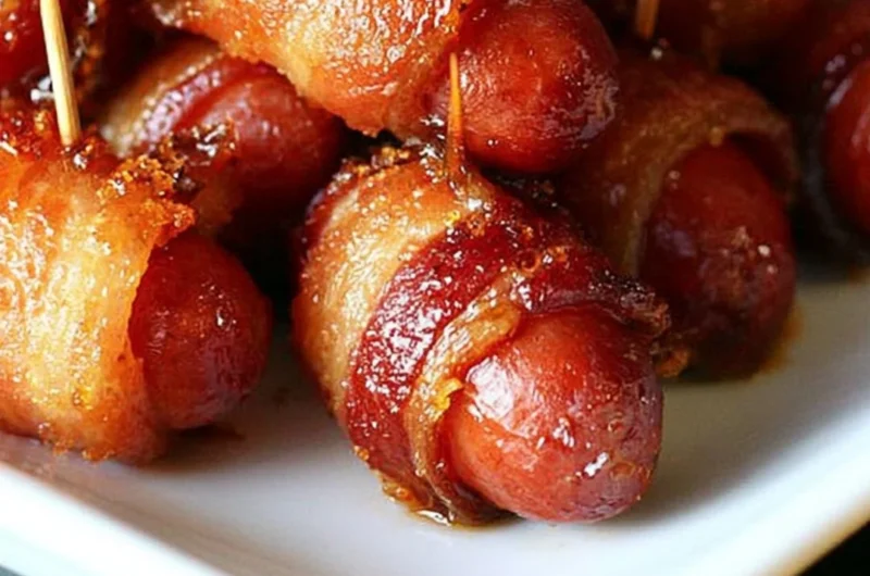 Bacon wrapped smokies with brown sugar ready to serve as a delicious appetizer