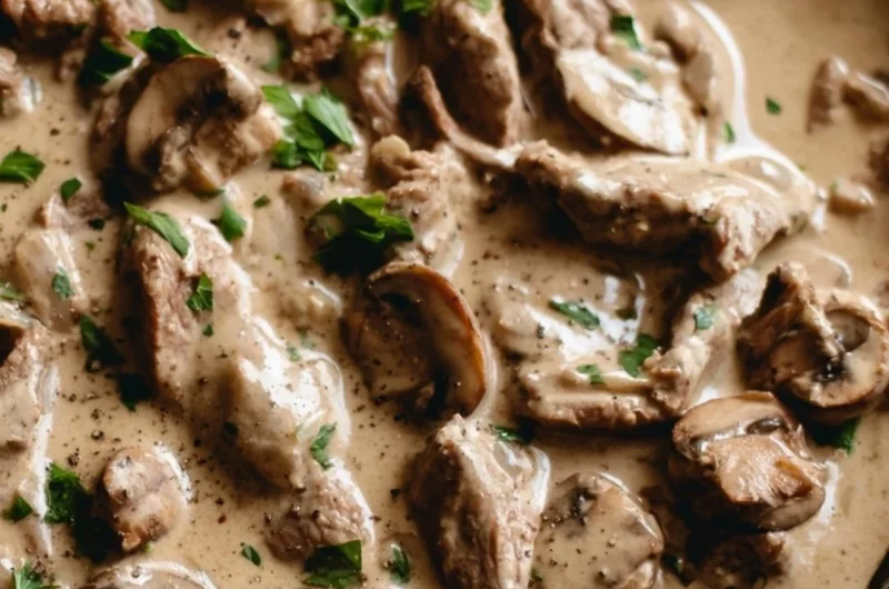 A delicious plate of Beef Stroganoff served with egg noodles and garnished with parsley.