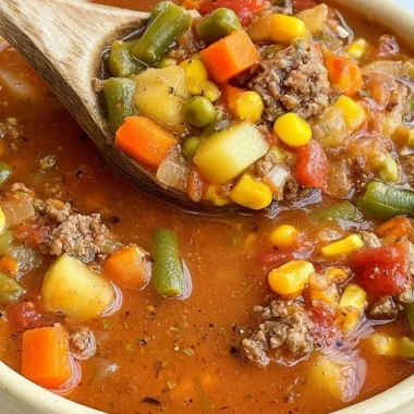 Delicious bowl of hamburger soup garnished with herbs and vegetables