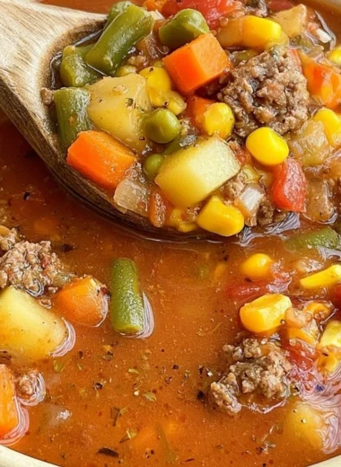 Delicious bowl of hamburger soup garnished with herbs and vegetables