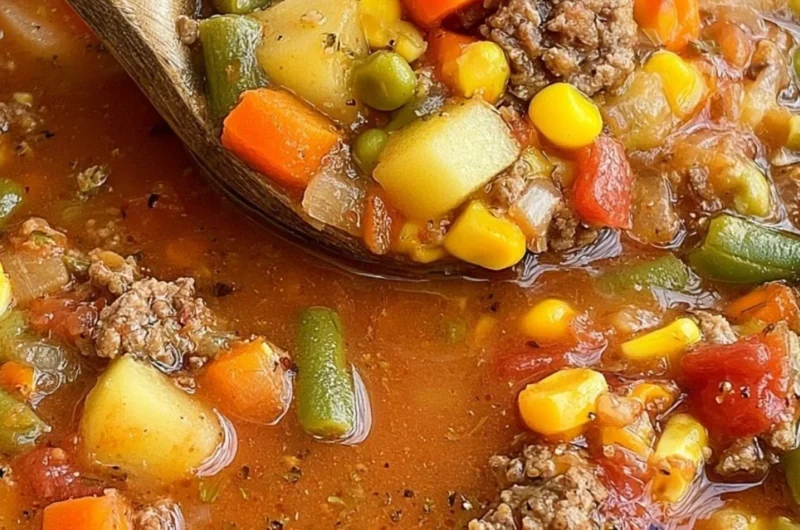 Delicious bowl of hamburger soup garnished with herbs and vegetables