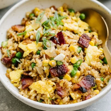 Delicious breakfast fried rice garnished with vegetables and eggs