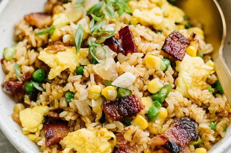 Delicious breakfast fried rice garnished with vegetables and eggs