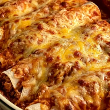 Cheesy beef and cheese enchiladas topped with melted cheese and garnished