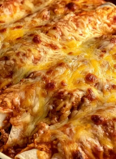 Cheesy beef and cheese enchiladas topped with melted cheese and garnished