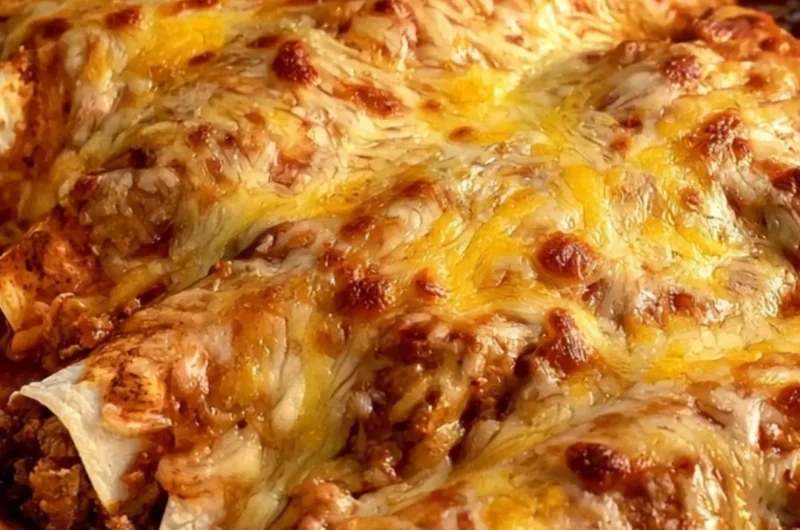 Cheesy beef and cheese enchiladas topped with melted cheese and garnished