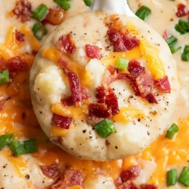 Bowl of cheesy potato soup with hash browns, garnished and ready to serve