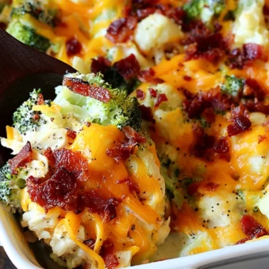 Succulent Chicken Bacon Ranch Casserole topped with melted cheese and crispy bacon