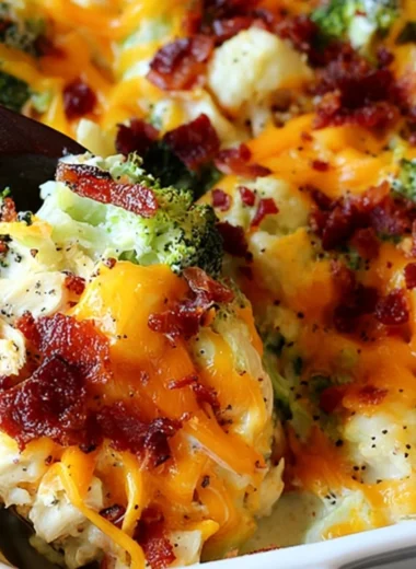 Succulent Chicken Bacon Ranch Casserole topped with melted cheese and crispy bacon