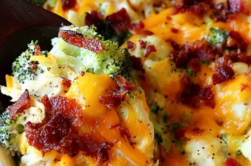 Succulent Chicken Bacon Ranch Casserole topped with melted cheese and crispy bacon