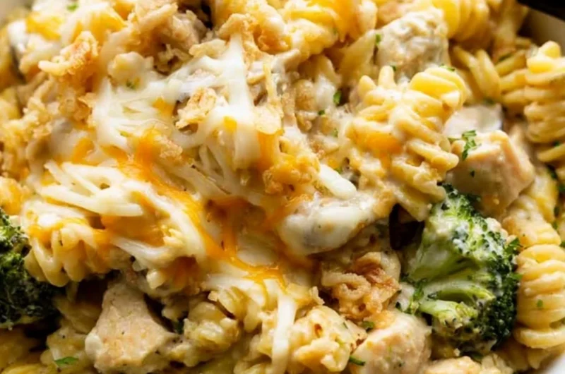 Delicious chicken noodle casserole topped with crispy breadcrumbs and herbs.