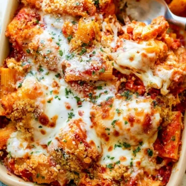 Delicious Chicken Parmesan Casserole served with cheese and marinara sauce
