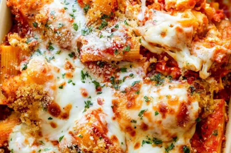 Delicious Chicken Parmesan Casserole served with cheese and marinara sauce
