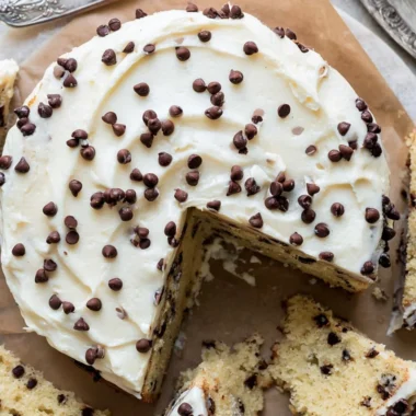Delicious slice of chocolate chip cake topped with chocolate chips