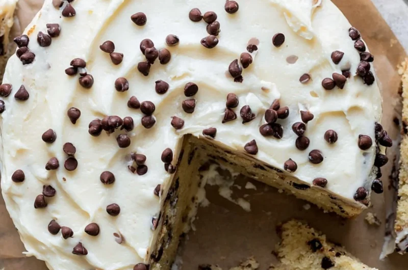 Delicious slice of chocolate chip cake topped with chocolate chips