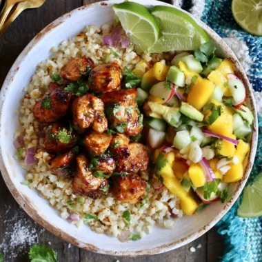 Cilantro Lime Riced Cauliflower and Chicken Bowl on a wooden table.