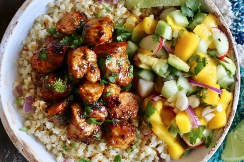 Cilantro Lime Riced Cauliflower and Chicken Bowl on a wooden table.