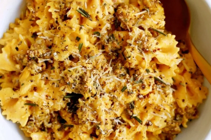 Creamy pumpkin pasta served in a bowl with herbs and cheese on top.