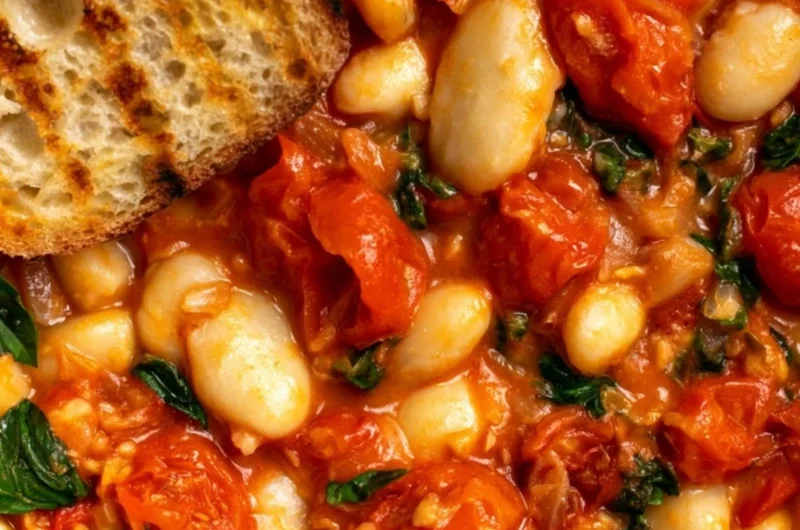 Creamy tomato basil butter beans dish served in a bowl