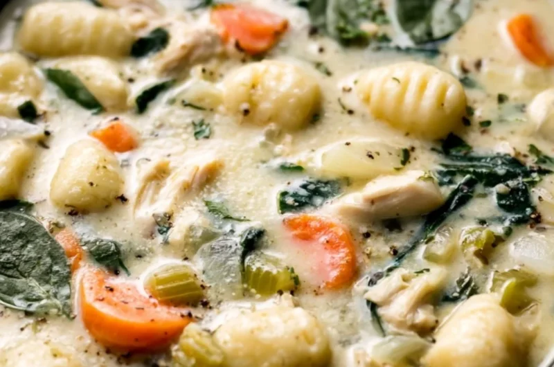 Crockpot Chicken Gnocchi Soup served in a bowl with fresh herbs