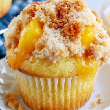 Freshly baked peach cobbler muffins topped with crumble