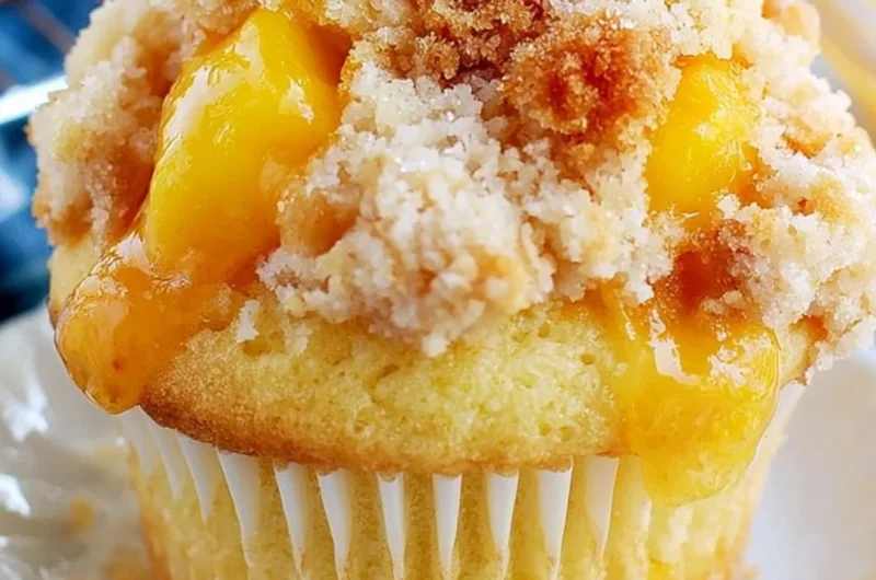 Freshly baked peach cobbler muffins topped with crumble