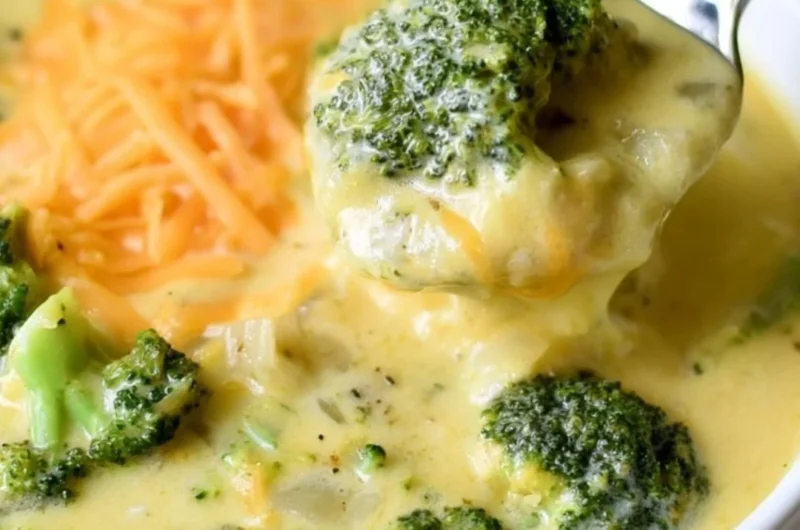 Bowl of creamy keto broccoli cheese soup garnished with fresh herbs