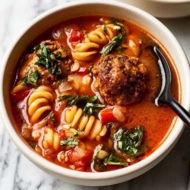 Bowl of easy meatball soup garnished with fresh herbs and vegetables.