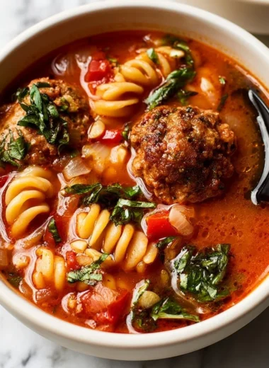 Bowl of easy meatball soup garnished with fresh herbs and vegetables.