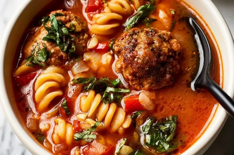 Bowl of easy meatball soup garnished with fresh herbs and vegetables.