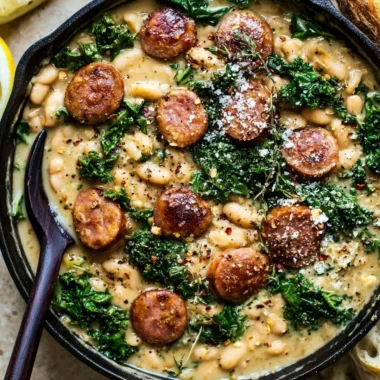 Garlic Kale with White Beans and Sausage in a skillet