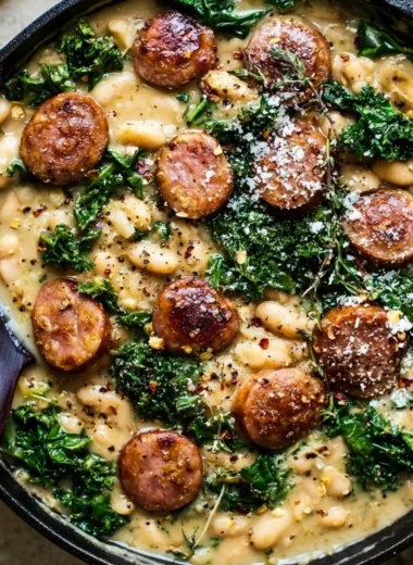 Garlic Kale with White Beans and Sausage in a skillet