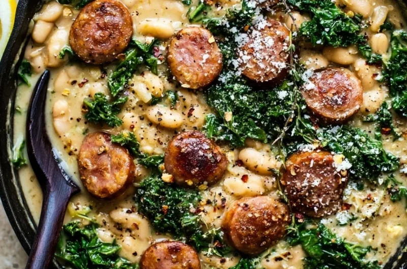 Garlic Kale with White Beans and Sausage in a skillet
