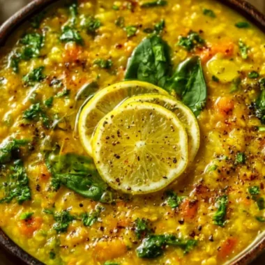 A bowl of golden lemon lentil soup garnished with fresh herbs