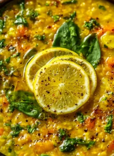 A bowl of golden lemon lentil soup garnished with fresh herbs