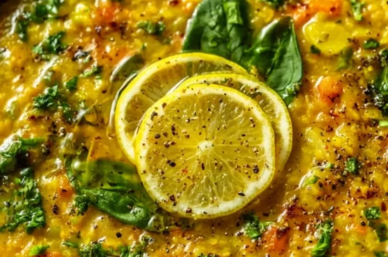 A bowl of golden lemon lentil soup garnished with fresh herbs