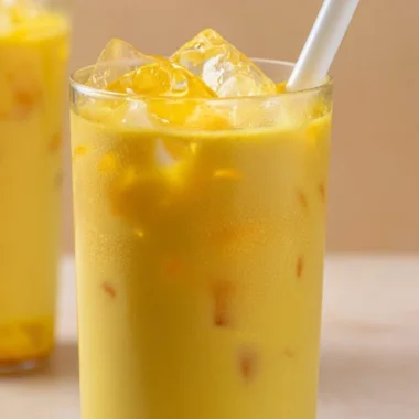 Cup of golden milk turmeric latte garnished with spices