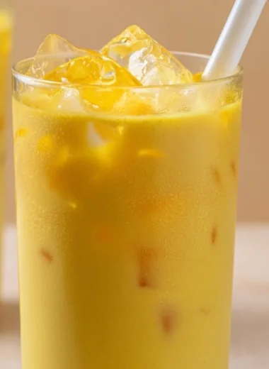Cup of golden milk turmeric latte garnished with spices