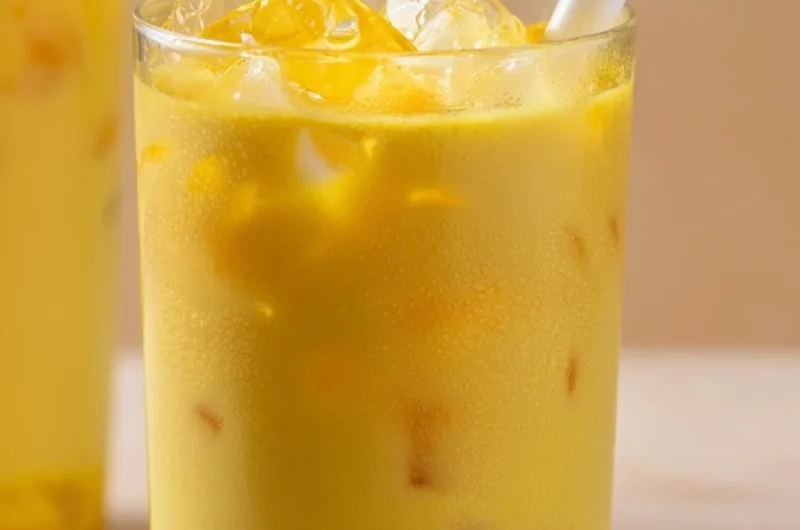 Cup of golden milk turmeric latte garnished with spices