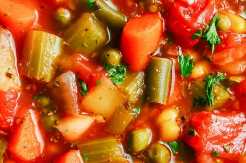 A bowl of hearty vegetable soup with colorful vegetables and herbs
