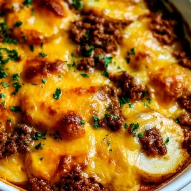 Delicious Hobo Casserole with ground beef, potatoes, and cheese baked to perfection.