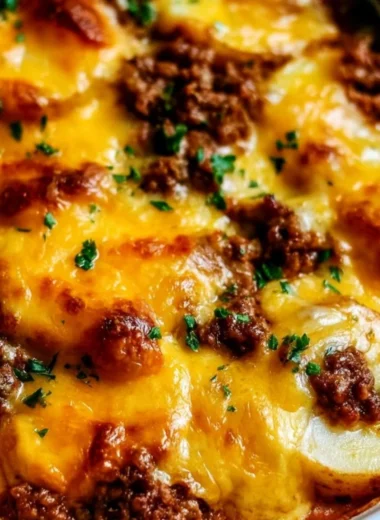 Delicious Hobo Casserole with ground beef, potatoes, and cheese baked to perfection.