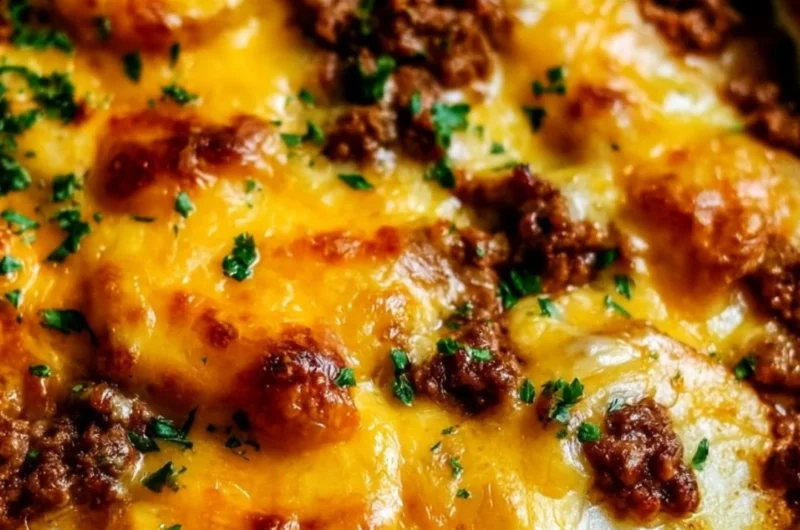 Delicious Hobo Casserole with ground beef, potatoes, and cheese baked to perfection.