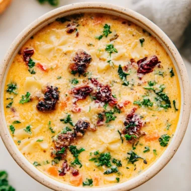 Bowl of Italian Sausage Pasta Soup with fresh herbs and ingredients