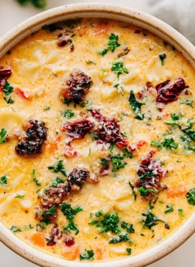 Bowl of Italian Sausage Pasta Soup with fresh herbs and ingredients