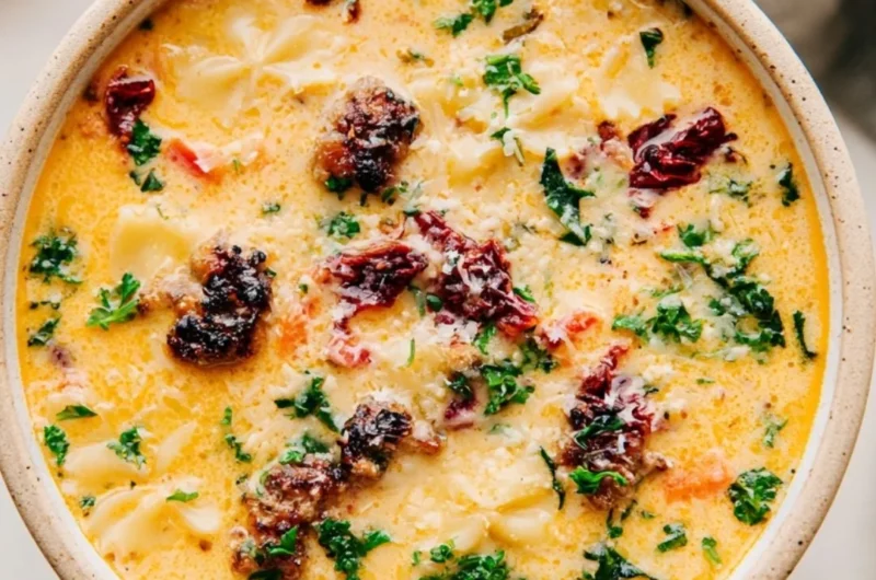 Bowl of Italian Sausage Pasta Soup with fresh herbs and ingredients