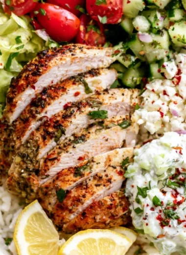 Delicious Lemon Herb Greek Chicken Bowls garnished with fresh herbs and vegetables.