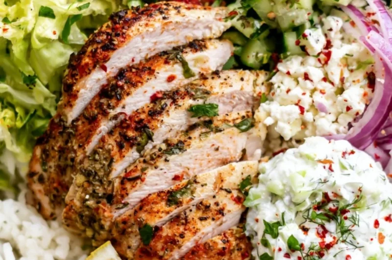 Delicious Lemon Herb Greek Chicken Bowls garnished with fresh herbs and vegetables.
